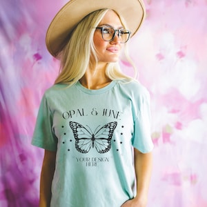 Tee Shirt Mockup of Dusty Blue Shirt: Photo of Model Wearing Bella Canvas 3001 T-Shirt | Model Mockup Taken in Studio, Dusty Blue Shirt Mock