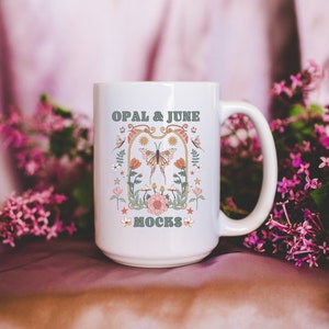 15 Oz Coffee Mug Mockup: Styled Photo of 15 Oz Blank White Coffee Mug with Lilacs | Colorful Floral Aesthetic Mug Mockup of Mug with Flowers