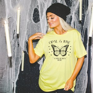 Yellow Shirt Mockup for Halloween Spooky Season: Photo of Model Wearing Yellow Bella Canvas 3001 T-Shirt | Spooky and Colorful T Shirt Mock