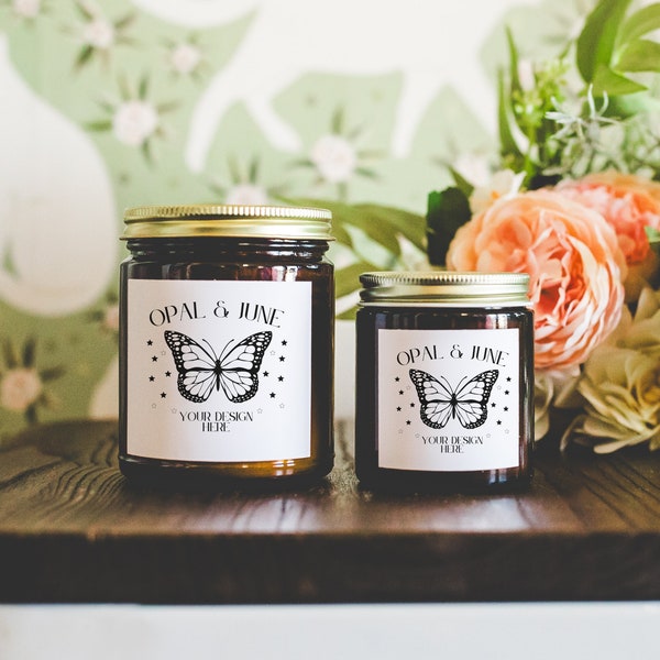 Amber Candle Mockup of Two Candles: Colorful Photograph of 9 Oz and 4 Oz Candle Amber Jar | Cute 90s Aesthetic Mockup, Indie Sleaze Vibe