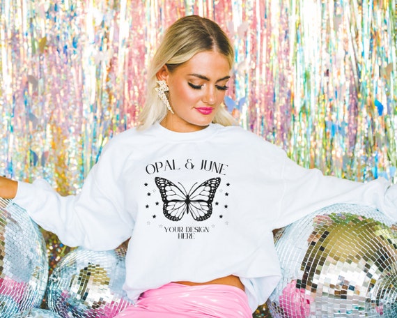 White Sweatshirt Mockup: Photo of Model Wearing White Gildan 18000 Crewneck | Mock with Girly Glam Aesthetic, Bridal or Bachelorette Mockup