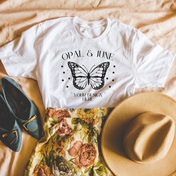 White Shirt Mockup with Boho Floral Aesthetic: Photo of Flat White Bella Canvas 3001 Tee Shirt | Cottagecore Mock Styled with Shoes and Hat