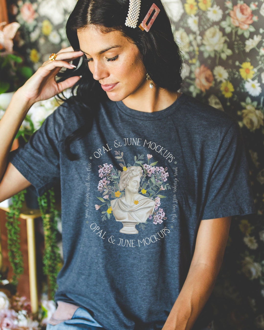 Dark Gray Tee Shirt Mockup: Colorful Photo of Model Wearing Dark Gray ...
