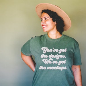 Mockup of Hemp Tee Shirt: Photo of Model Wearing Comfort Colors® Hemp T-Shirt | Cute Colorful Monochromatic Studio Mock with Green Backdrop