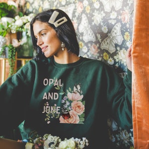 Forest Green Sweatshirt Mockup: Colorful Photo of Model Wearing Forest Gildan 18000 Crewneck, Cozy Whimsigoth Mock, Floral Cottagecore Vibe image 1