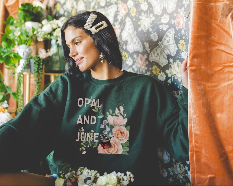 Forest Green Sweatshirt Mockup: Colorful Photo of Model Wearing Forest Gildan 18000 Crewneck, Cozy Whimsigoth Mock, Floral Cottagecore Vibe image 1