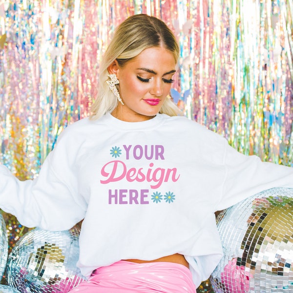 White Sweatshirt Mockup: Photo of Model Wearing White Gildan 18000 Crewneck | Mock with Girly Glam Aesthetic, Bridal or Bachelorette Mockup