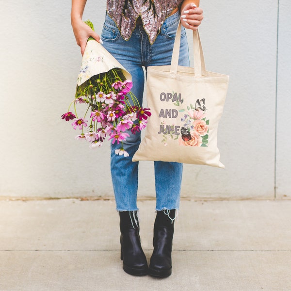 Tote Bag Mockup with Flowers: Photo of Model Holding Tote Bag and Purple Flower Bouquet, Colorful Aesthetic Tote Bag Mock Taken Outdoors