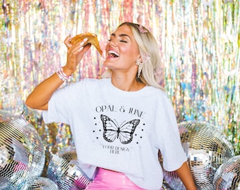 Ash Shirt Mockup: Photo of Model Wearing Ash Bella Canvas 3001 Tee | Colorful and Fun Model Mockup with Retro Groovy Vibe and Disco Glitter