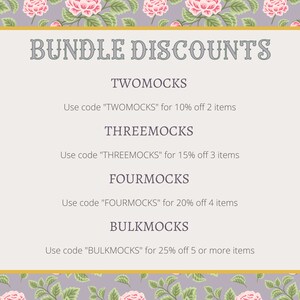 May include: A purple and white floral patterned background with a gold frame. The frame contains a white text box with the title "BUNDLE DISCOUNTS" in black text. The text box lists four discount codes: "TWOMOCKS" for 10% off 2 items, "THREEMOCKS" for 15% off 3 items, "FOURMOCKS" for 20% off 4 items, and "BULKMOCKS" for 25% off 5 or more items.