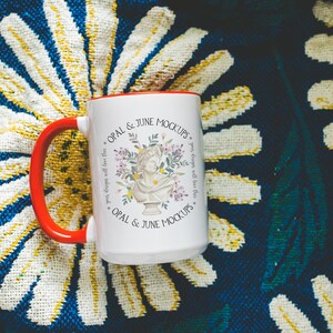 Mockup of Coffee Mug with Red Handle: 15 Oz Mug Mockup for Valentines | Colorful Mock Photo of Blank 15 Oz Coffee Mug on Boho Daisy Blanket