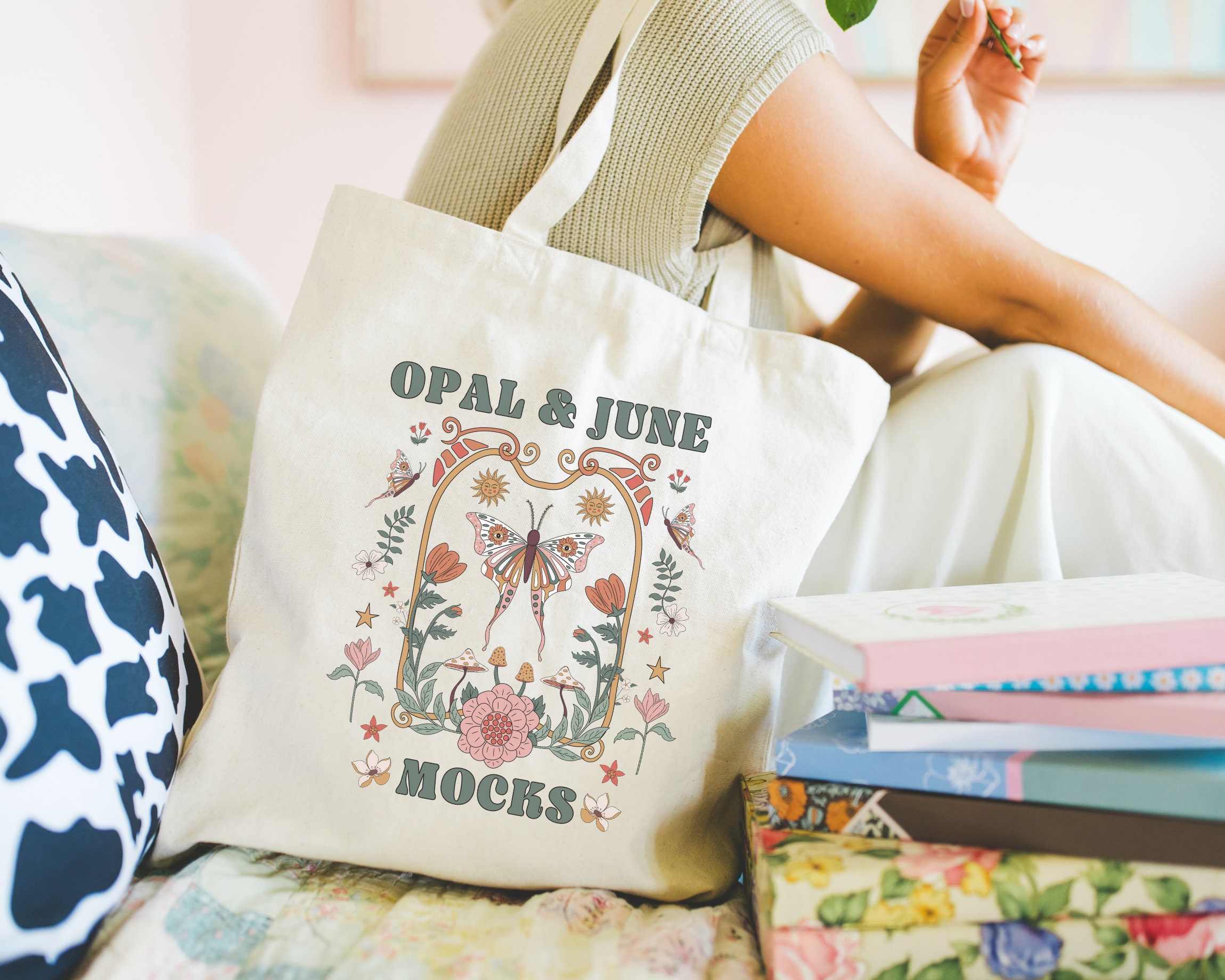 Tote Bag Mockup: Colorful Photo of Model Holding Tote, Cute and Cozy Lifestyle Mockup of Tote Bag, Boho Bookish Mock of Tote for Spring