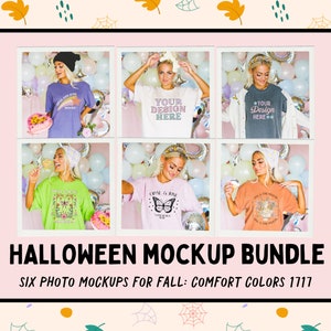 Halloween Mockup Bundle: Pastel Retro Groovy Aesthetic Mockup for Halloween with Cute Disco Vibe | Photos of Model Wearing Comfort Colors® T