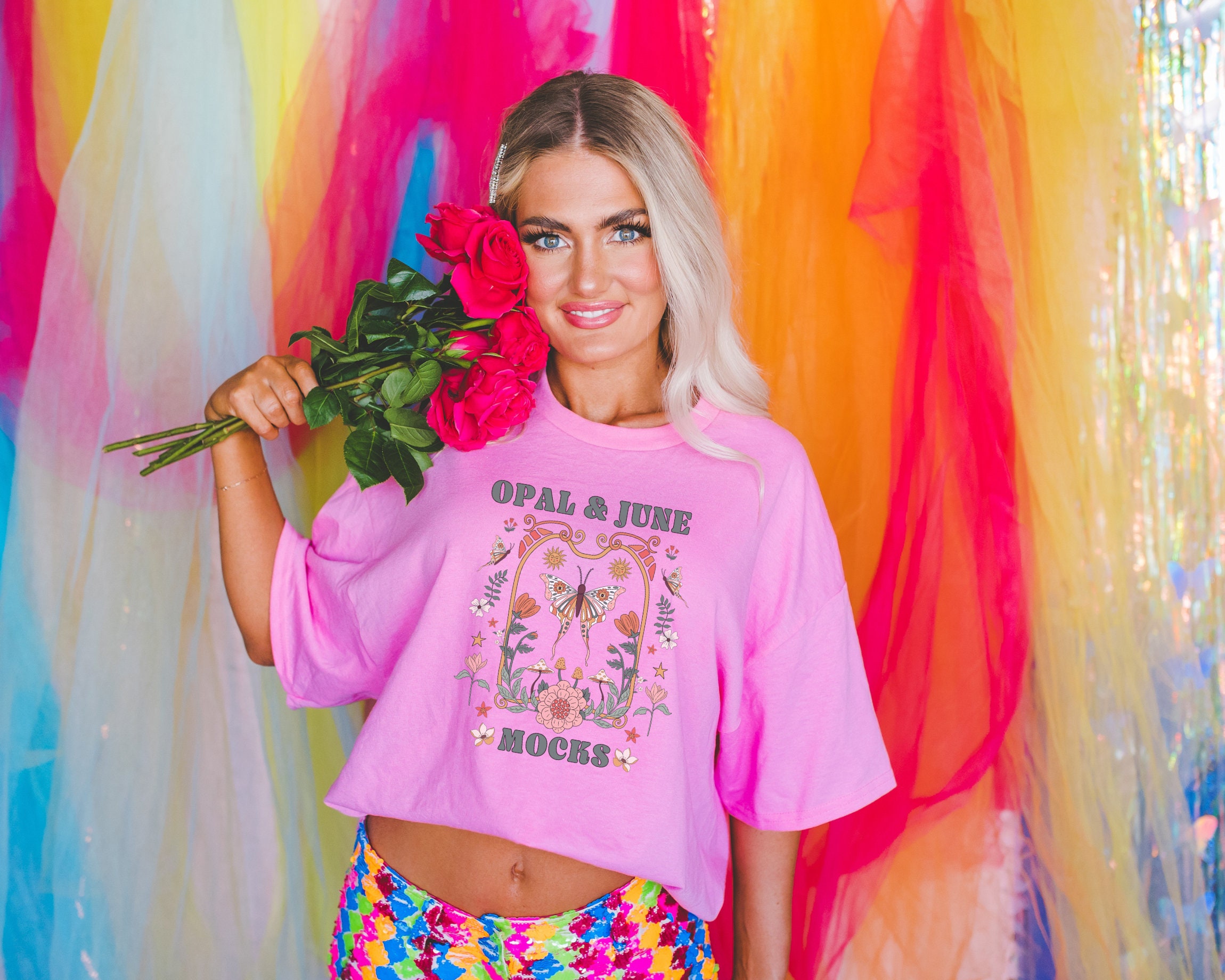 Oversized Azalea Tee Shirt Mockup: Colorful Photo of Model Wearing
