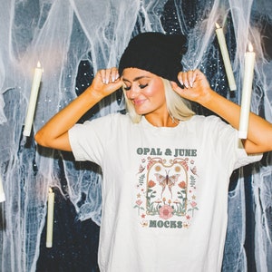 Natural Tee Shirt Mockup for Halloween: Photo of Model Wearing Natural Bella Canvas 3001 T-Shirt | Spooky and Groovy Gothic Halloween Mock