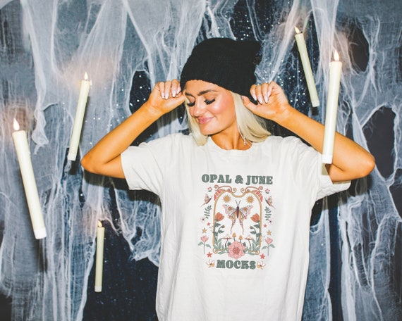Natural Tee Shirt Mockup for Halloween: Photo of Model Wearing Natural Bella Canvas 3001 T-Shirt | Spooky and Groovy Gothic Halloween Mock