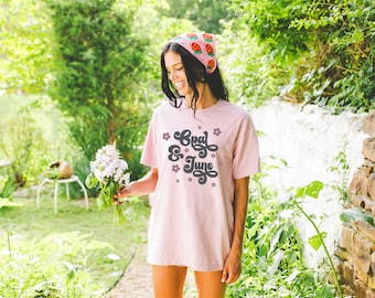 Blossom Shirt Mockup: Colorful Photo of Model Wearing Blossom Comfort Colors® 1717 Tee Shirt | Outdoor Boho Botanical Mockup Taken in Garden