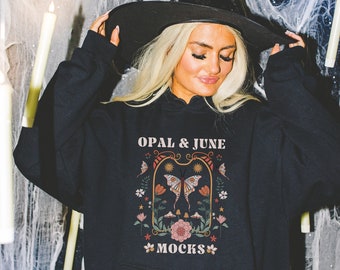Black Hoodie Mockup for Halloween: Colorful Photo of Model Wearing Black Gildan 18500 Hooded Sweatshirt | Spooky Witchy Vibes, Fall Mockup