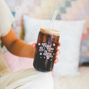 16 Oz Iced Coffee Cup Mock: Colorful Photo of Model Holding 16 oz Beer Glass Filled with Iced Coffee, Cozy and Cute Lifestyle Aesthetic Mock