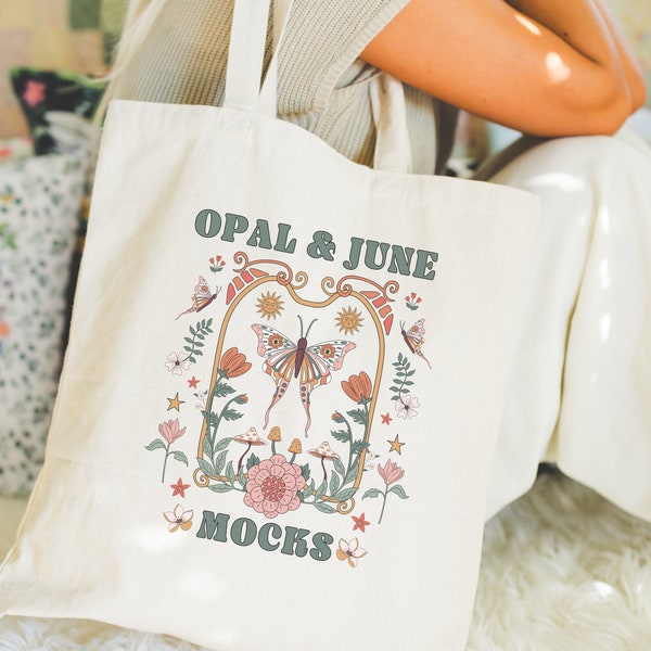 Tote Bag Mockup: Buntes Foto des Modells, das Tote hält, niedlicher und gemütlicher Lebensstil-Ästhetischer Mock von Tote, Boho-Ästhetischer Tote-Mockup für Frühling