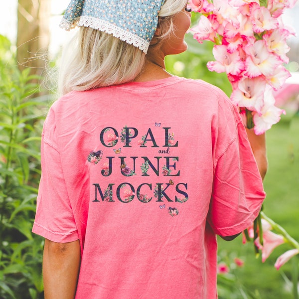 Watermelon Back of Shirt Mockup: Photo of Model Wearing Watermelon Comfort Colors® 1717 Tee While Holding Flowers, Cozy Cute Garden Mock