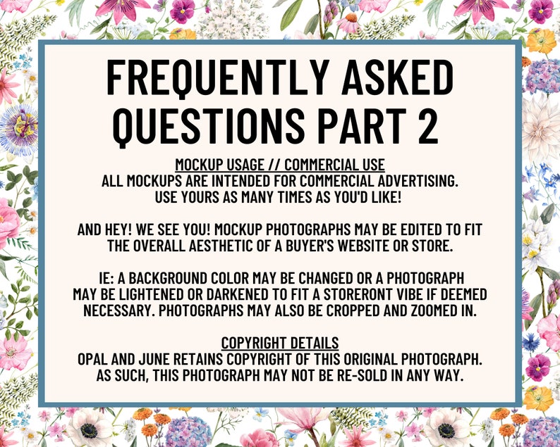Pu&ograve; includere: Una grafica blu e bianca con il testo "Frequently Asked Questions Part 2". Il testo descrive l'uso commerciale dei mockup e i dettagli sul copyright delle fotografie originali.