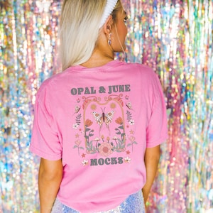 Back of Crunchberry Shirt Mockup: Photo of Model Wearing Curnchberry Comfort Colors® Tee | Colorful Girly Glam Aesthetic Bachelorette Mock