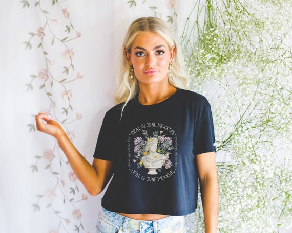 Boho Aesthetic Crop Top Mockup with Cottagecore Flowers: Styled Spring Photo of Model Wearing Black Bella Canvas 8882 Flowy Cropped T-Shirt