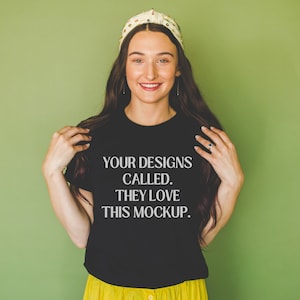 Black Tee Mockup: Bella Canvas 3001 on Green Backdrop | Mockup with Fall Colors, Creative and Unique Mockup for Tee Shirt, Cute Model Mock