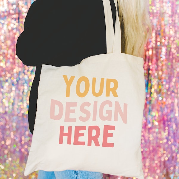 Tote Bag Mockup: Indoor Studio Mockup with Glitter Backdrop for Valentine's Day | Retro Vibe, Model Tote Mockup for Print on Demand Seller