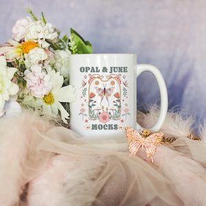 15 Oz Mug Mockup: Colorful Photo of 15 Oz White Mug Surrounded by Flowers, Colorful Fairycore 90s Aesthetic, Bachelorette or Bridal Mockup