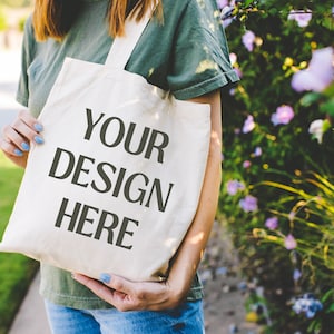 Cute Tote Bag Mockup for Print on Demand | Floral Outdoor Tote Mockup, Cute Tote Mock with Sunshine and Flowers, Model Mockup for Tote Bag