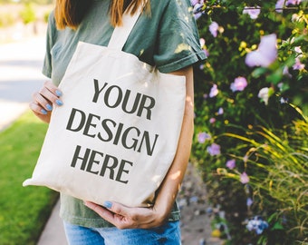 Floral Tote Bag Mockup | Model Photograph (PNG)
