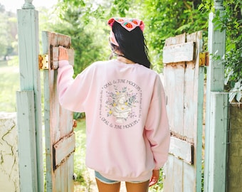 Back of Light Pink Sweatshirt Mockup: Photo of Model Wearing Light Pink Gildan 18000 Crewneck | Boho Aesthetic Mock for Summer, Outdoor Mock