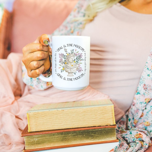 Cute 15 Oz Mug Mockup: Colorful Photo of Model Holding Blank White 15 Oz Coffee Mug, Cute and Cozy Lifestyle Mock of Mug, Bookish Mockup