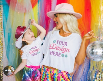 Cute Family Mockup for Matching White Tee Shirts: Colorful Disco Rainbow Styled Mockup of Models Wearing White Bella Canvas 3001 Tee Shirts