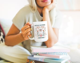 15 Oz Mug Mockup: Colorful Photo of Model Holding Blank White 15 Oz Coffee Mug, Cute and Cozy Lifestyle Mockup of Mug, Boho Bookish Mock