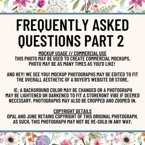 K&ouml;nnte beinhalten: Eine blaue und wei&szlig;e Grafik mit dem Text "Frequently Asked Questions Part 2". Der Text beschreibt die kommerzielle Nutzung eines Fotos f&uuml;r Mockups und gibt an, dass das Urheberrecht des Originalfotos bei Opal and June liegt.