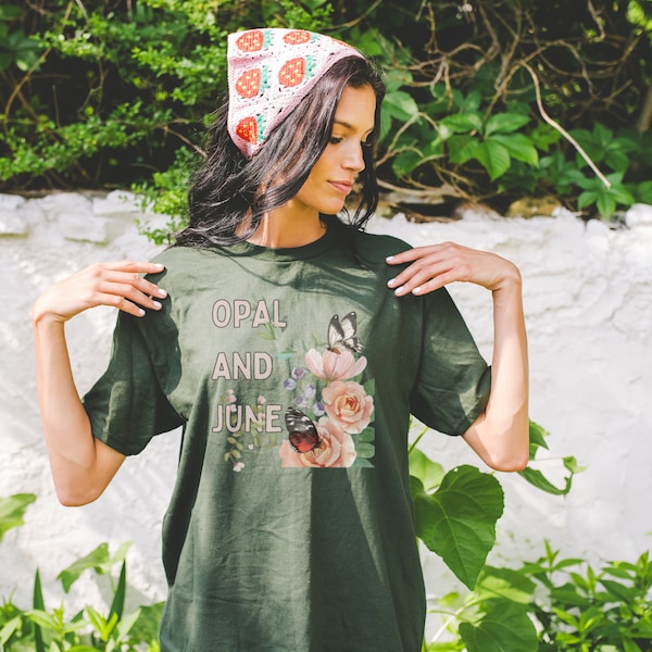 Forest Green Shirt Mockup: Colorful Photo of Model Wearing Forest Green Gildan 5000 Tee Shirt, Cute Boho Cottagecore Mockup Taken in Garden