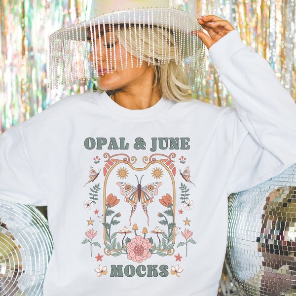 White Sweatshirt Mockup: Colorful Photo of Model Wearing White Gildan 18000 Crewneck | Cute Bridal Mockup with Sparkly Disco Groovy Vibe