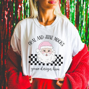 White Shirt Mockup for Christmas: Colorful Photo of Model Wearing Oversized White Comfort Colors® 1717 Tee | Boho Styled Mock with Tinsel