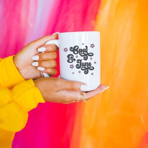 Colorful 15 Oz Mug Mock with Groovy Rainbow Background: Photo of 15 Oz Blank White Coffee Cup | Fun and Creative Mock, Girly Glam Aesthetic