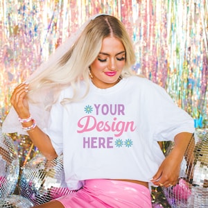 Bridal Mockup of White Tee Shirt: Styled Photo of Bride Model Wearing Comfort Colors® C1717 Tee | Oversized White T Mock, Disco Groovy Vibe
