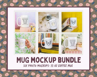 Trendy and Cute 15 Oz Coffee Mug Mockup Bundle with Lifestyle and Studio Photographs | Girly Glam Aesthetic Mug Mockups for Print on Demand