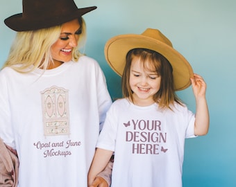Cute Family Mockup for Matching Tee Shirts: Adorable Toddler Bella Canvas Mockup | Colorful and Bright Kids Studio Mockup with Blue Backdrop