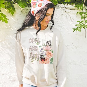 Sand Sweatshirt Mockup Taken in Garden: Photo of Model Wearing Sand Gildan 18000 Crewneck | Boho Aesthetic for Summer, Outdoor Nature Mock