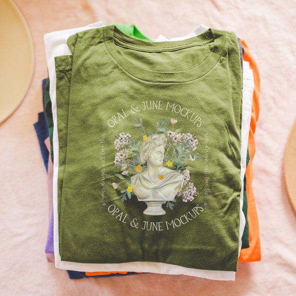Olive Shirt Mockup: Photo of Folded Olive Bella Canvas 3001 Tee Shirt, Cute and Cozy Flatlay Mockup, Cute Boho Aesthetic Tee Shirt Mock