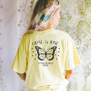 Back of Butter Shirt Mockup: Photo of Model Wearing Butter Comfort Colors® 1717 Shirt | Oversized Butter Tee Mockup with Flowers for Spring