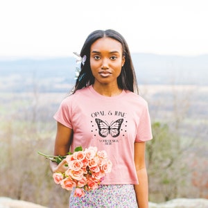 Mauve Crop Top Mockup Taken Outdoors: Photo of Model Wearing Mauve Bella Canvas 8882 Crop Top Tee | Colorful Boho Aesthetic Mock for Spring