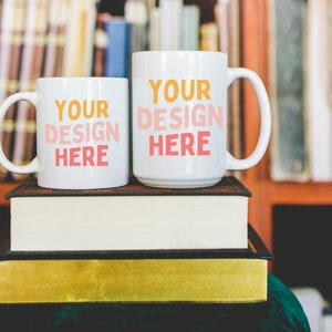 Mockup of Two Coffee Mugs: Photo of 15 Oz and 11 Oz Mugs with Bookish Vibes | Colorful Lifestyle Mockup, Library Setting, Boho Styled Mockup